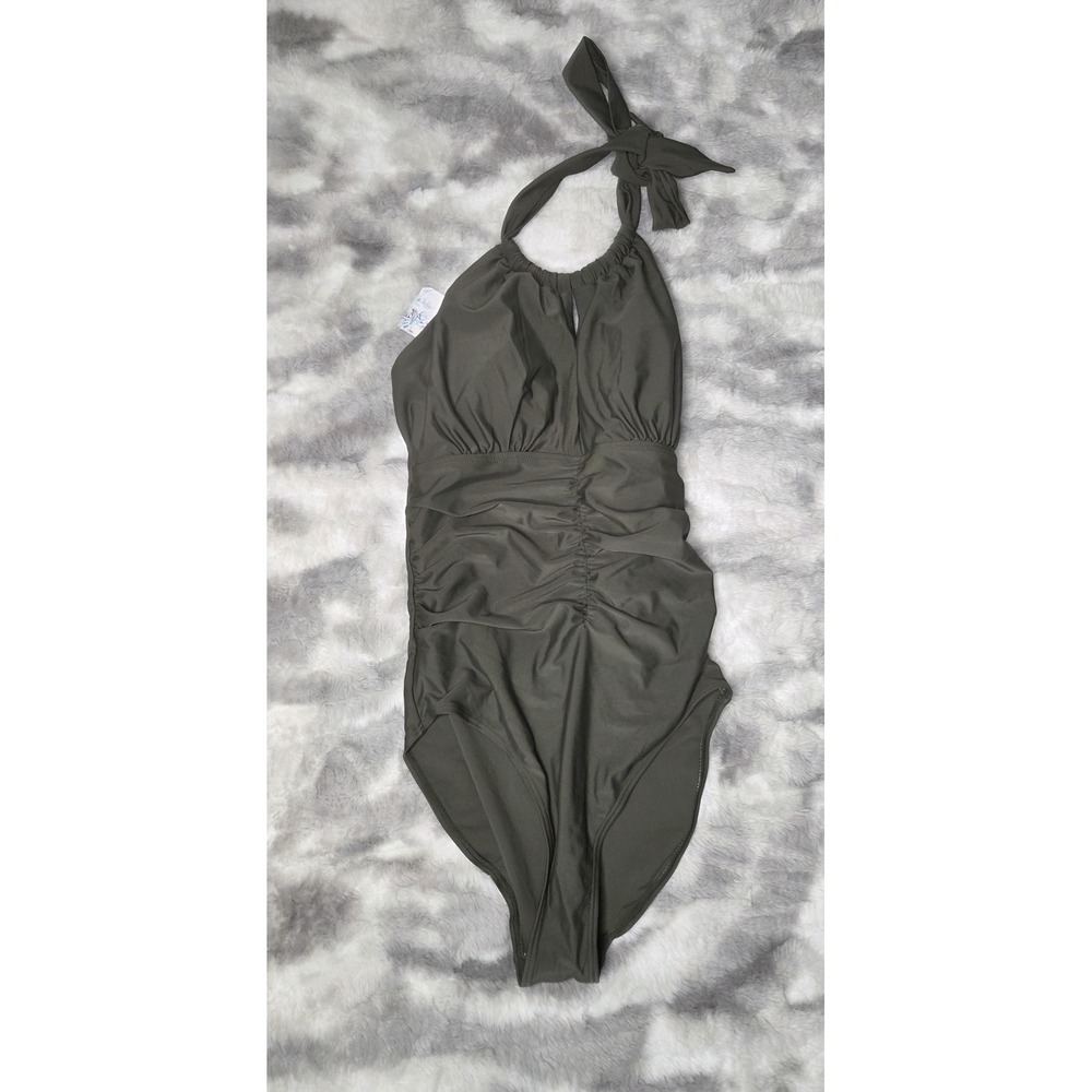 Womens Olive Green Ruched Halter One Piece Swimsuit Size M NWT‎